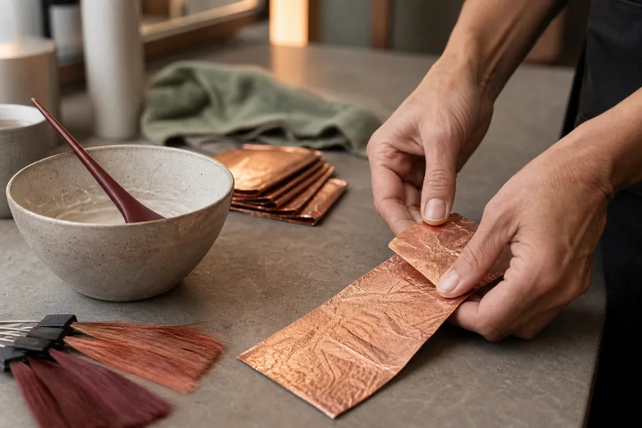 Hands carefully folding copper colouring foil beside a ceramic bowl and tint brush