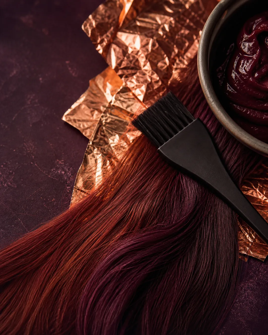 Editorial colour study with copper foil, tint brush and auburn fibre swatches