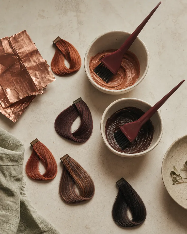 Salon colour preparation study with ceramic bowls, tint brushes and colour swatches